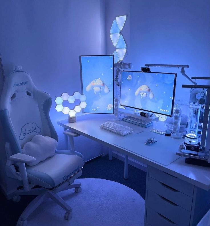 Modern clean gaming setup with blue lighting accents